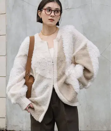 택 포함 새상품 복슬복슬 볼륨 샤기 MIX 더블 지퍼 니트 가디건