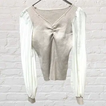 GRL 그레일 긴팔 상의 벌룬 소매 V넥 리브 니트 베이지 M