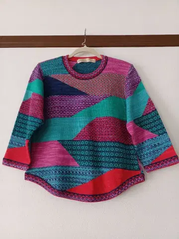 MORIOKA SACHIKO 멀티 컬러 니트 7부 소매 기하학 패턴