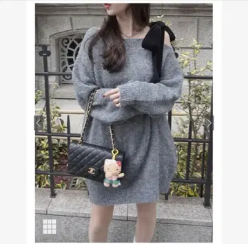 GRL dr796 원숄더 벨로아 리본 니트 원피스