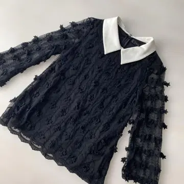 레이스 소재 블랙 긴팔 셔츠 화이트 카라 부착