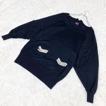 긴팔 니트 스웨터 펄 장식 블랙 검정 아크릴 울 M 사이즈