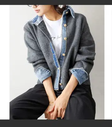 SpRay 데님 옷깃 가디건 데님 절개 페이크 레이어드 가디건
