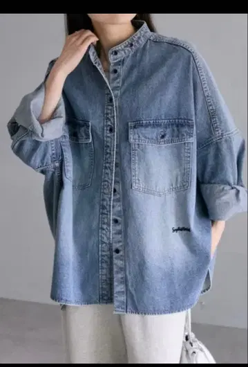 PUAL CE CIN 빈티지 데님 밴드 카라 셔츠 여성용