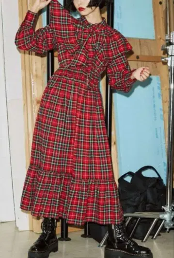 jouetie 쥬에티 체크 리본 타이 프릴 원피스 레드