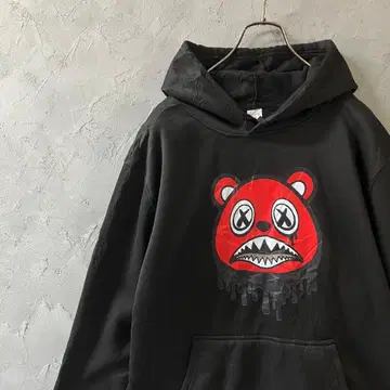 빈티지 후드티 풀오버 빅 프린트 블랙 L 상당 곰 IW4