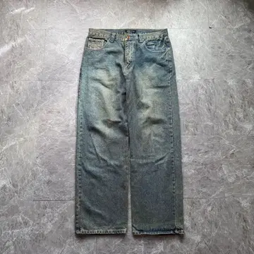 숀 존 배기 데님 팬츠 로고 자수 가죽 패치