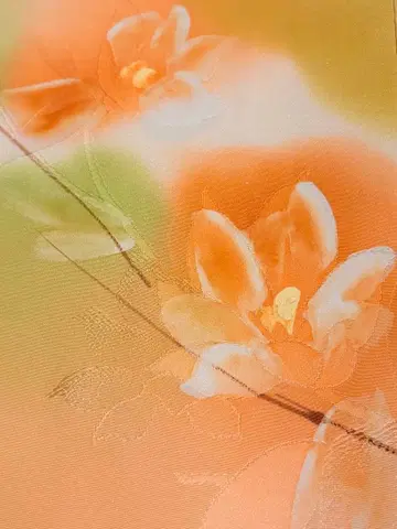 순수 실크 코몬 이중 기모노 꽃무늬 그라데이션 염색 오렌지 계열