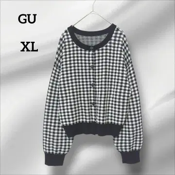 지유 가디건 니트 체크 무늬 버튼 크롭 기장 XL