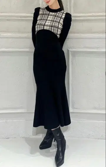 체크 자카드 머메이드 니트 원피스