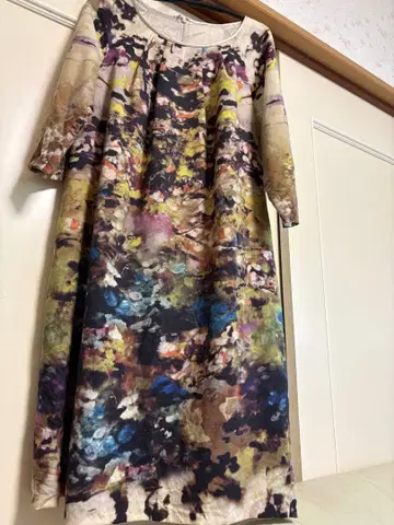 다색 추상 꽃무늬 7부 소매 원피스