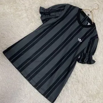 adidas 소매 퍼프 슬리브 T셔츠 차콜 L 스포츠 스트라이프 패턴