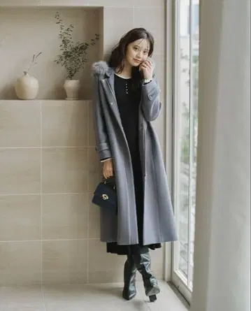 모사 후드 인조 모피 롱 코트