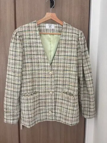 체크 jouetie 트위드 자켓 노카라 파워 숄더