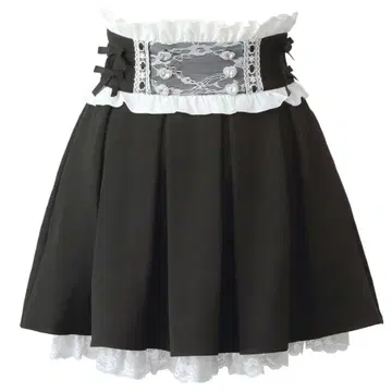 리본 레이스 턱 플리츠 스커트 올 블랙