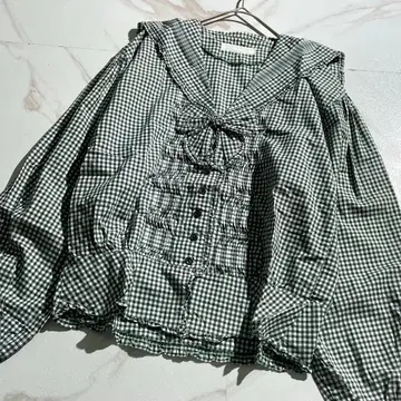 컨디션 최상 핑크하우스 세일러 긴팔 셔츠 깅엄 체크 그린