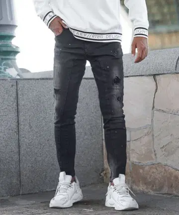 데미지 가공 스키니 데님 블랙