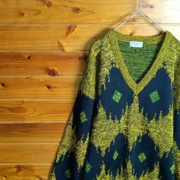 니트 스웨터 브이넥 황토색 레트로 빈티지 개성파 기하학 패턴 L