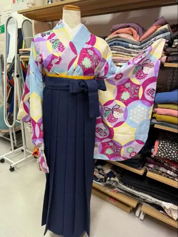 하카마 3종 세트 새상품 이샤쿠소데 기모노 네이비 무지 하카마 반폭 오비