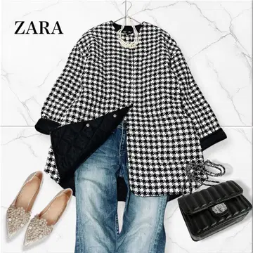 ZARA 빅 사이즈 L L 하운드투스 체크 텍스처 패딩 자켓 노카라