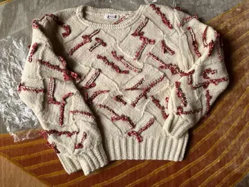 빨간색 리본 뜨개질 화이트 니트 스웨터 M 사이즈