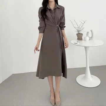 카키 브라운 셔츠 원피스 허리 리본 포함