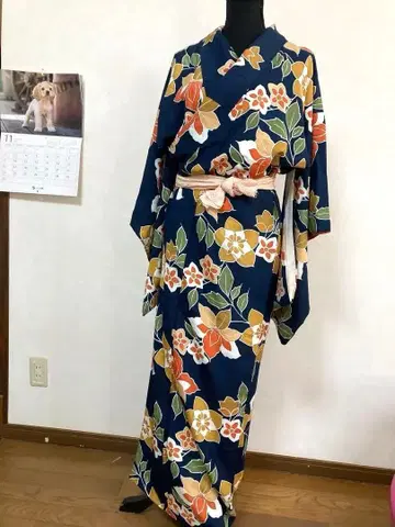 네이비 꽃무늬 코몬 기모노 소매 김