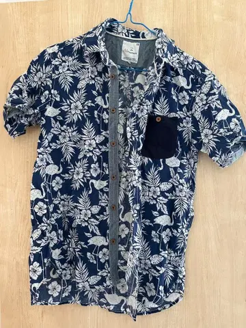 Mitsumine 플라밍고 하이비스커스 패턴 반팔 셔츠 M