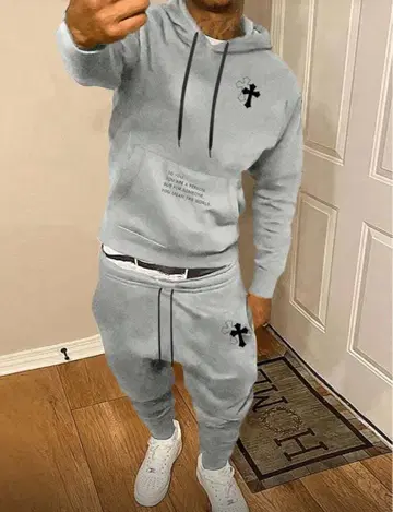 그레이 후드 부착 맨투맨 크로스 자수 셋업 야리라 양키