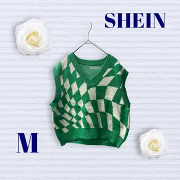 쉬인 니트 베스트 M 사이즈 숏 기장 V넥 그린 체크