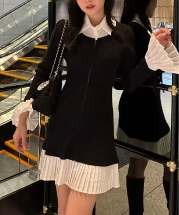 rienda 레이어드 패턴 셔츠 니트 미니 원피스