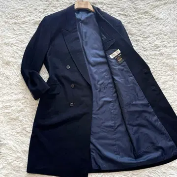 최고급 캐시미어 100% 더블 체스터 코트 맥시 길이 네이비 광택감