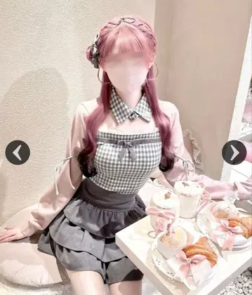 [ 허니뮤우/HONEY MEW ] 리본 슬릿 체크 앙상블 상의