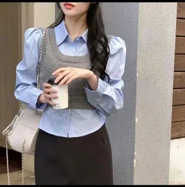 [소녀나라] 블루 스트라이프 셔츠와 베스트 세트