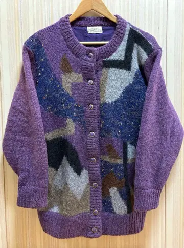 빈티지 구제 의류 기하학 패턴 보라색 니트 가디건 고급 버튼 한정판