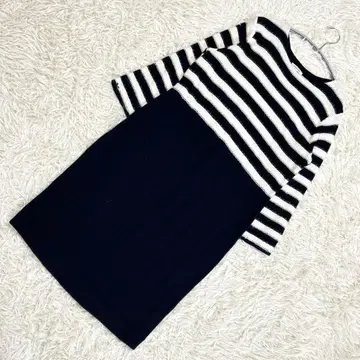 앤스위트 네이비 화이트 긴팔 니트 원피스 무릎 기장 보더 무늬 M 사이즈