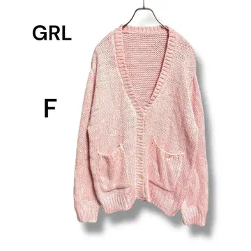 그레일 손뜨개풍 V넥 루즈핏 가디건 F 드롭 숄더 핑크