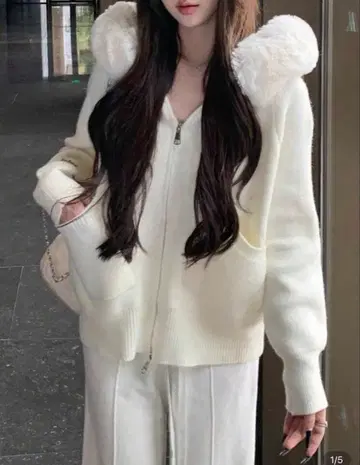 SHEIN 아이보리 후드 부착 니트 스웨터 가디건 퍼 후드티