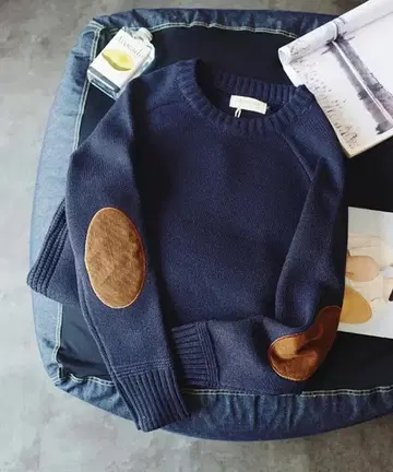 [ 새상품 ] 아이모하 모크넥 엘보 패치 니트 블루 M