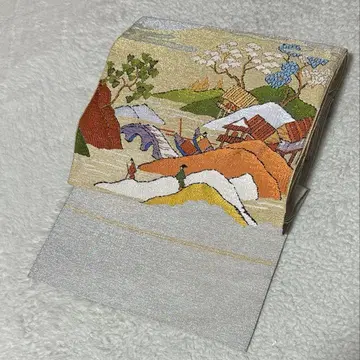 나고야 오비 풍경화 자수 배 문양 그린 브라운 보라색 주황 NO.119