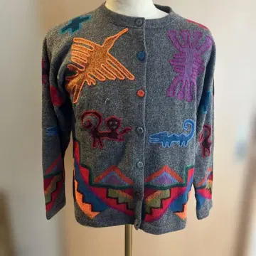 동물 모티브 자수 그레이 긴팔 가디건