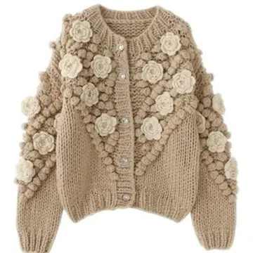 손뜨개질풍 니트 가디건 꽃 모티브 베이지