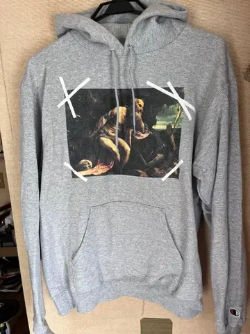 아트 프린트 그레이 후드 부착 후드티