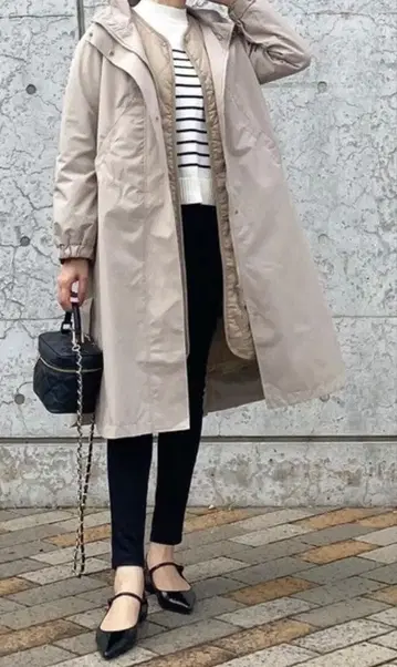 2way 베이지 후드 부착 롱 코트 미사용품 11AR