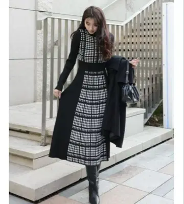 체크 무늬 니트 원피스 반팔 FREE 사이즈