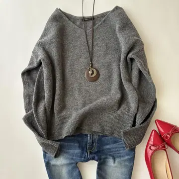 밴야드 스톰 V넥 니트 스웨터 그레이 울 100%