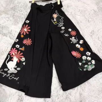 lamy&earl LIN 코스모스와 고양이 자수 와이드 팬츠