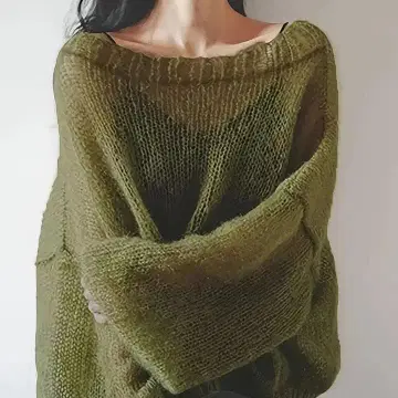 돌먼 벌룬 소매 니트 시어 스웨터 루즈핏 모스그린