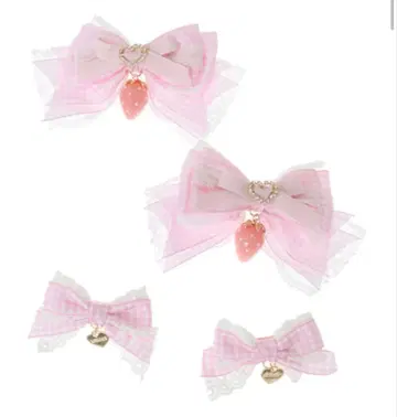 LIZLISA 스트로베리 체크무늬 4개 세트 클립 핑크 딸기