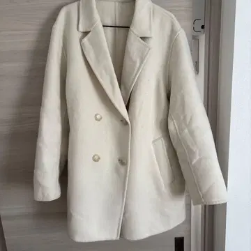 화이트 더블 브레스트 피코트 울 혼방